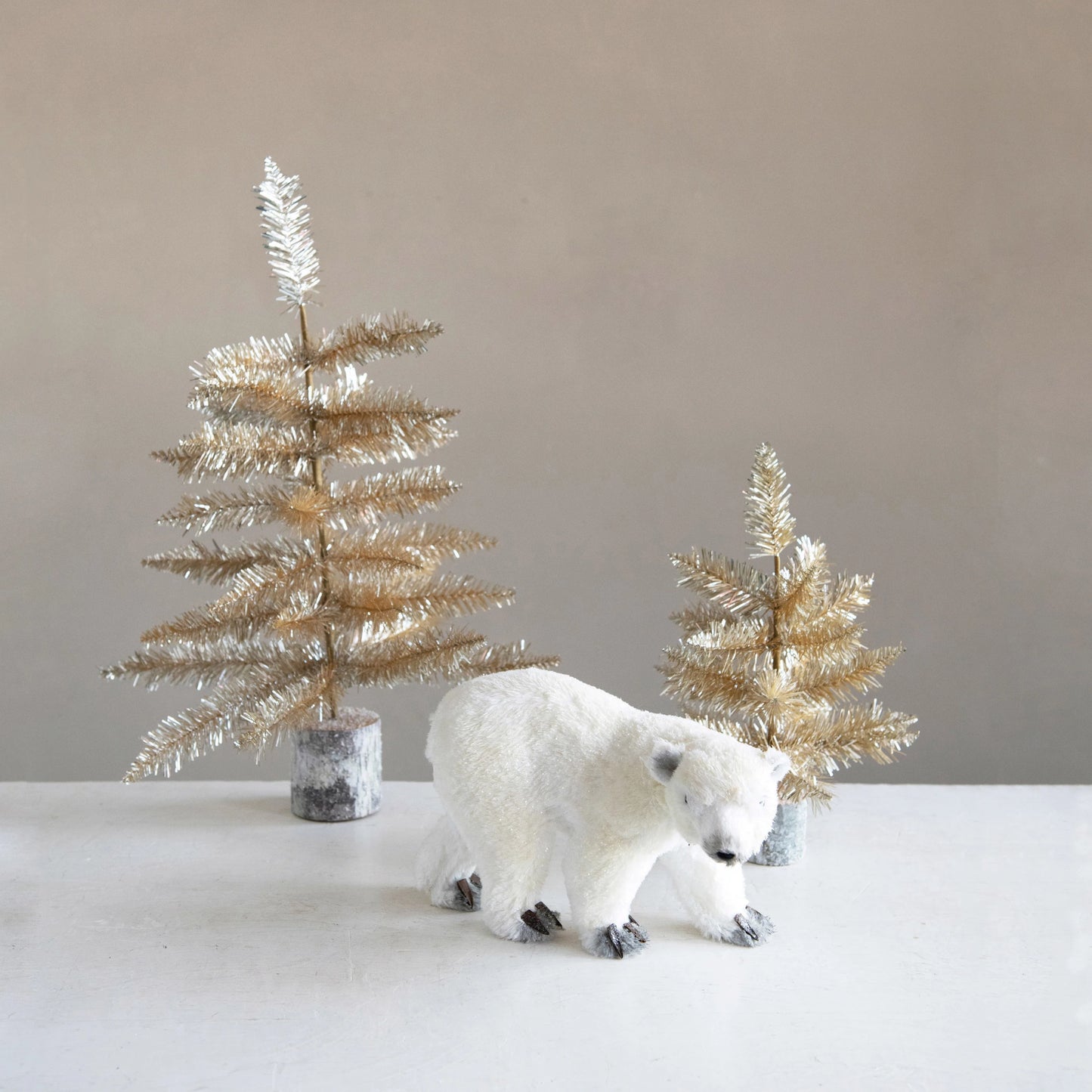 Tinsel Tree w/ Wood Slice Base | Gold & Silver Finish