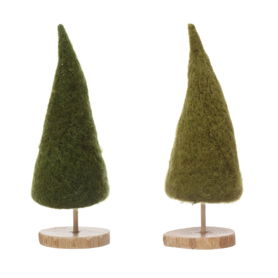Wool Felt Tree w/ Wood Slice Base | Set of 2 | Green