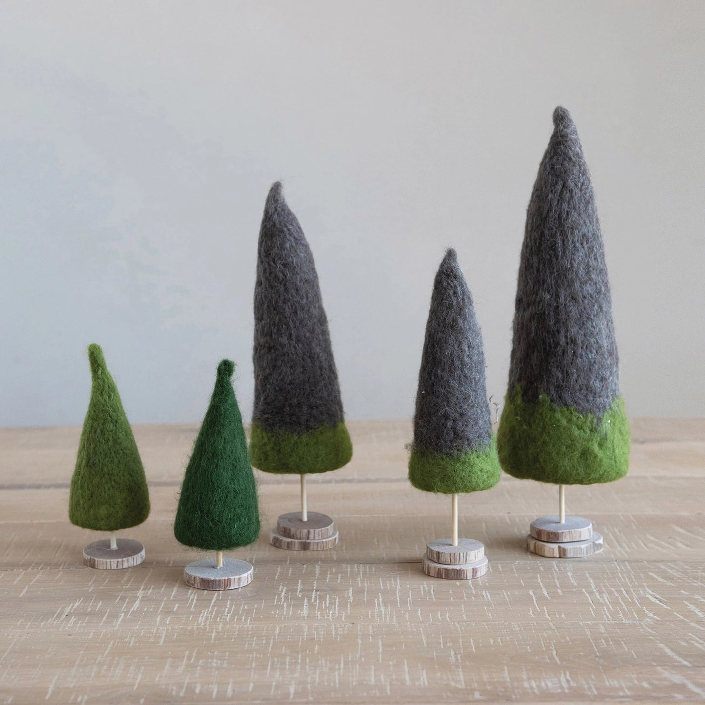 Wool Felt Tree w/ Wood Slice Base | Set of 2 | Green