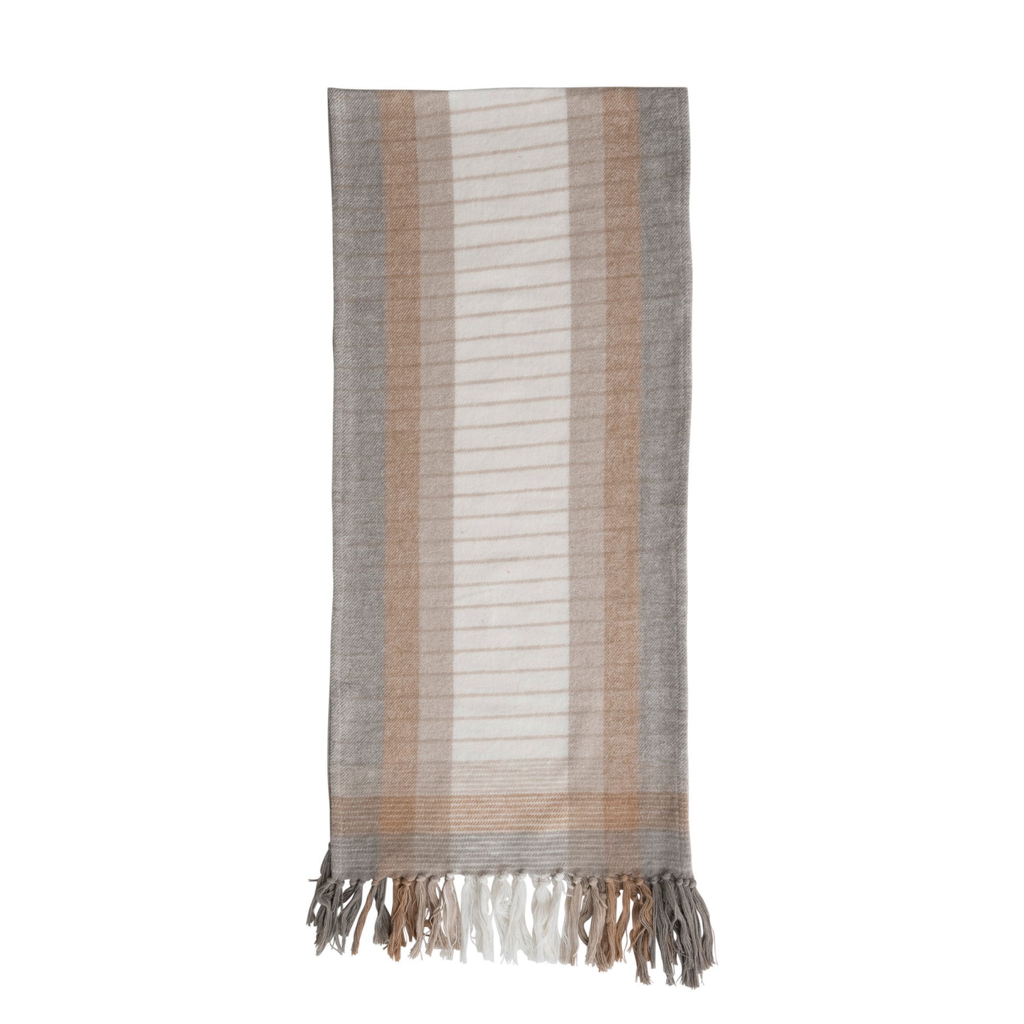 Cotton Flannel Table Runner w/ Fringe | 14"W x 72"L | Grey & White & Beige