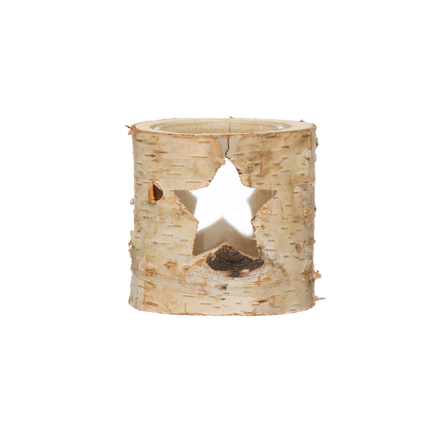 Birch Bark Votive Holder w/ Glass Insert | Star Cut-Out | 4" Round x 5 3/4"H