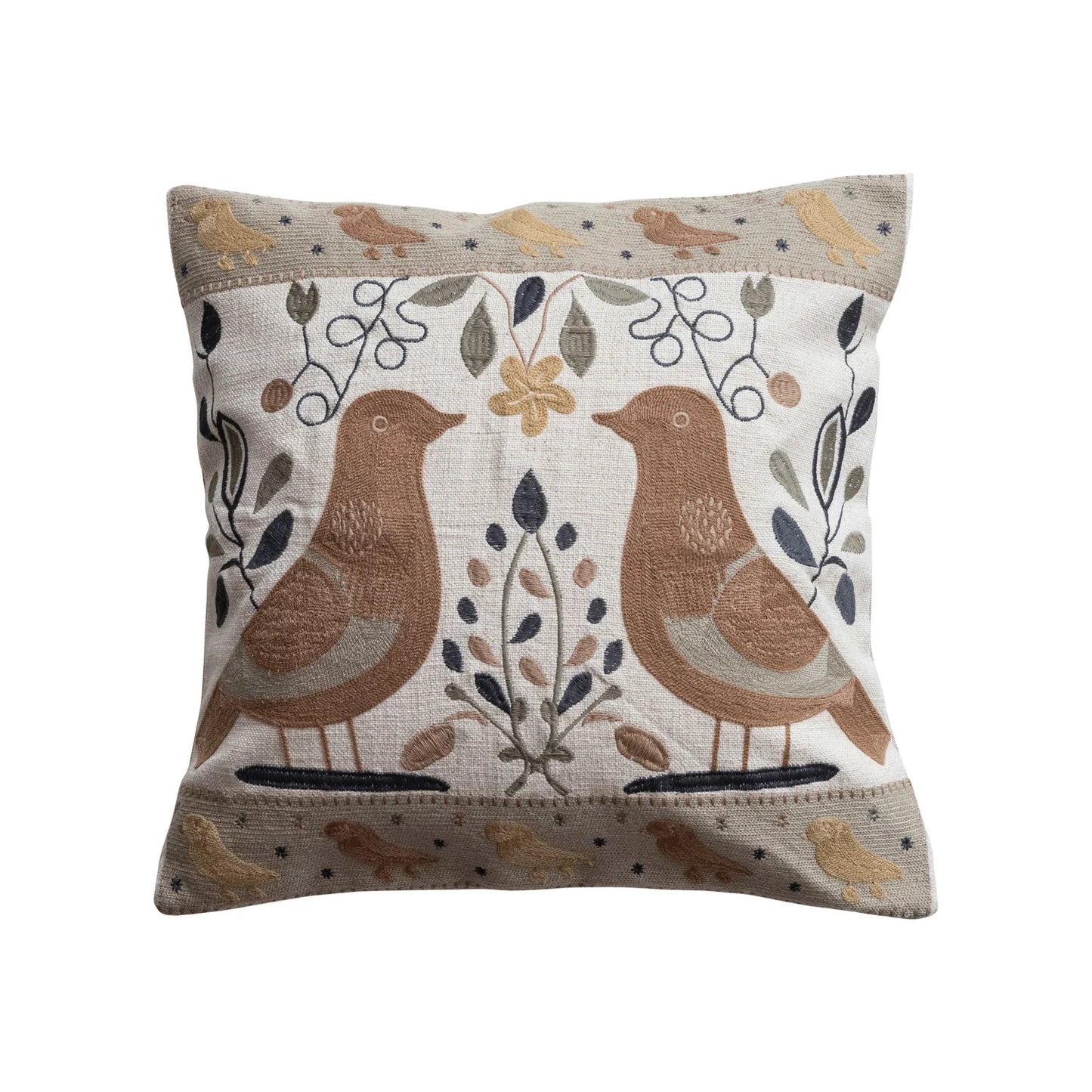 18" Square Cotton & Linen Pillow w/ Embroidered Bird Pattern & Chambray Back