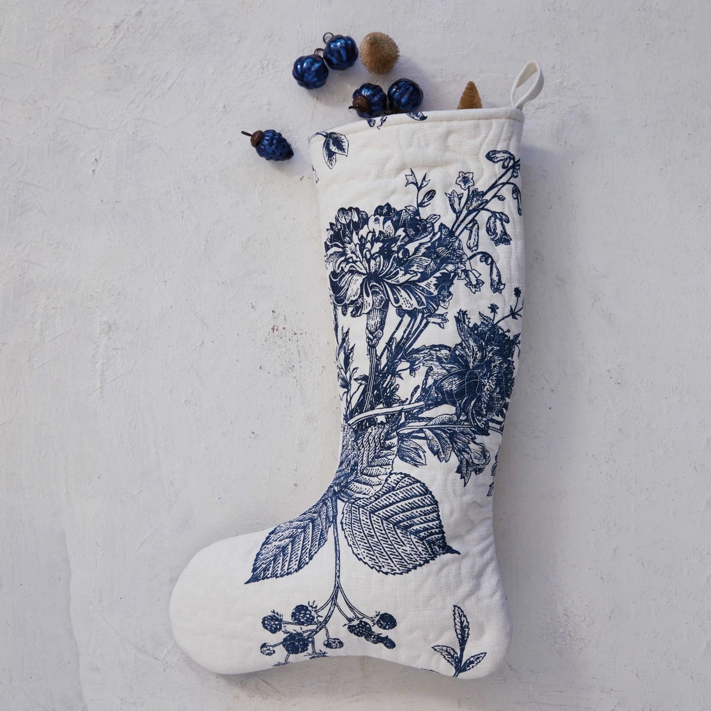 Quilted Cotton Printed Stocking w/ Botanical Print, White & Blue