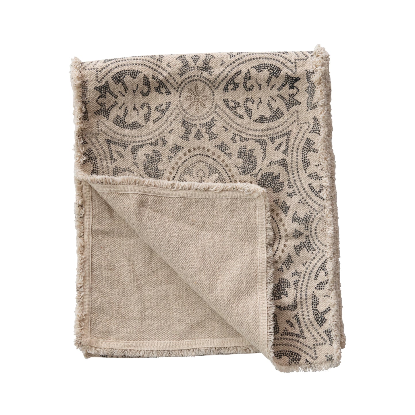 Cotton Printed Table Runner w/ Frayed Edge | Grey & Cream