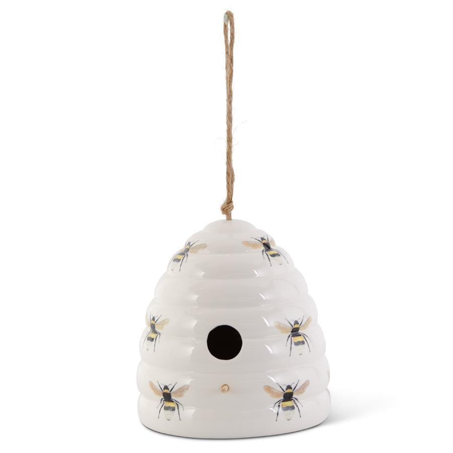 White Ceramic Beehive Birdhouse with Bee Decals | 7.5