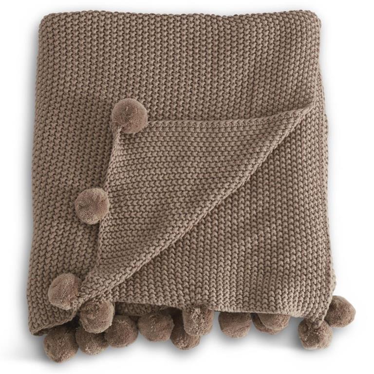 64" Stitch Knit Throw w/ Pompom | Brown Moss