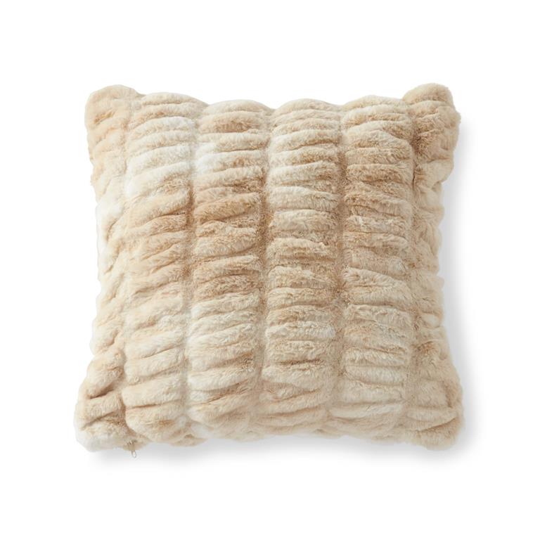18" Cream & Tan Ribbed Faux Fur Pillow