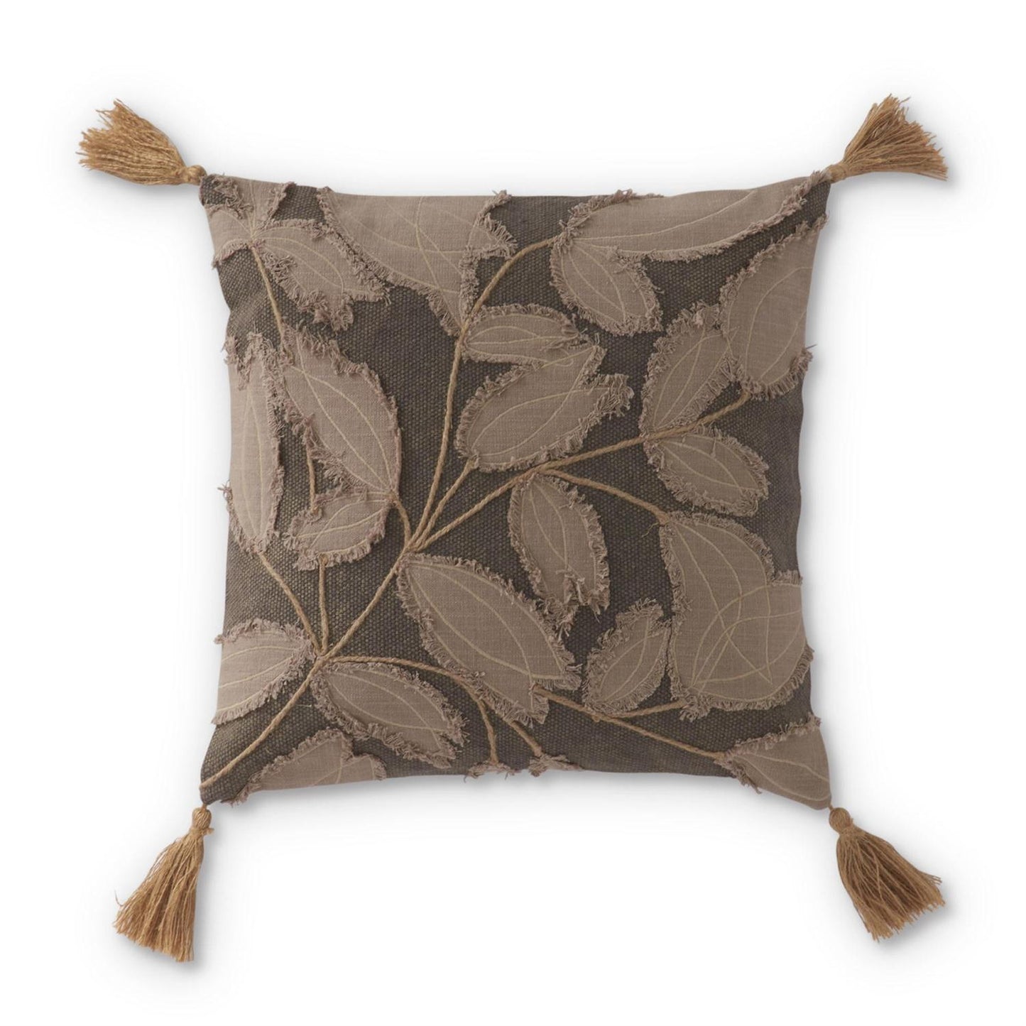 20" Gray Pillow w/ Taupe Leaf Embroidery