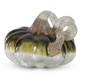 Small 3.25 Inch Green & Clear Crackled Handblown Glass Pumpkin