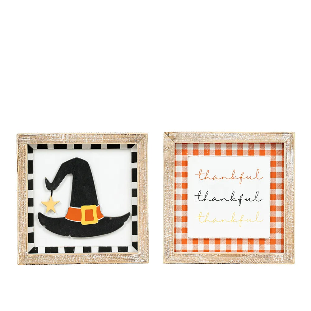 Reversible wood frame sign (HAT/THANKFUL) multicolor Pumpkins & Sweets