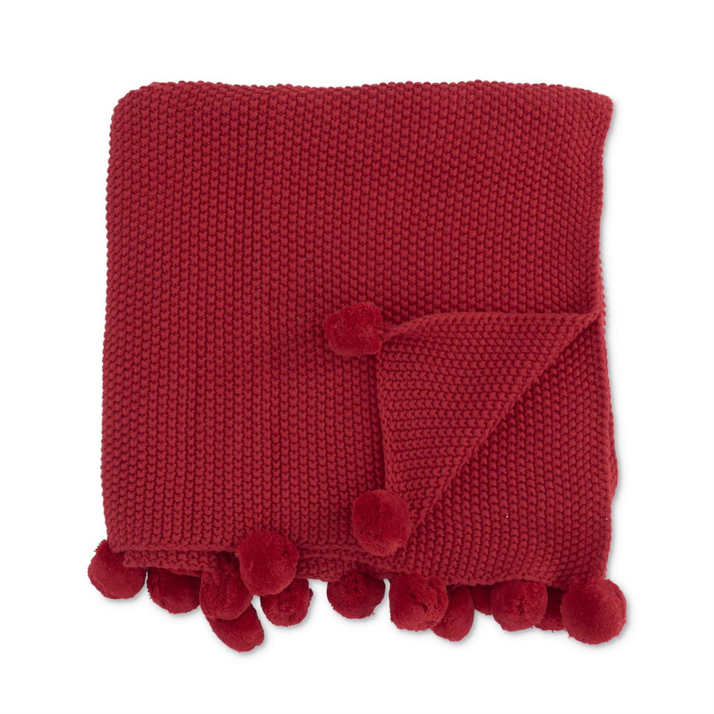 64 Inch Red Moss Stitch Knit Throw w/Pompom Trim