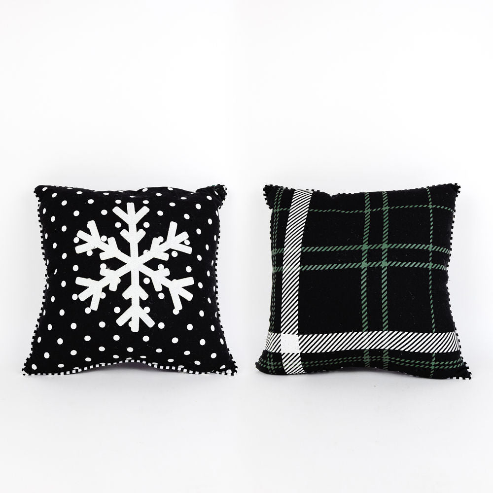 14" Linen Pillow | Green & Black Plaid/Snowflake