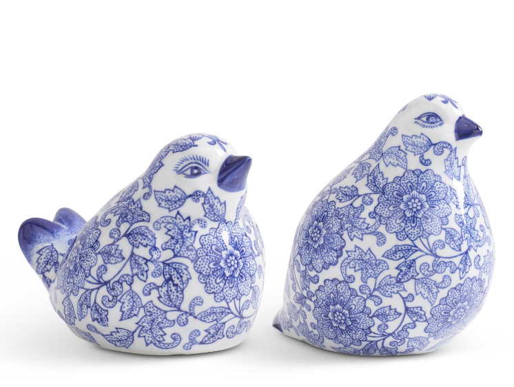 Set of 2 Blue and White Chinoiserie Porcelain Sitting Birds