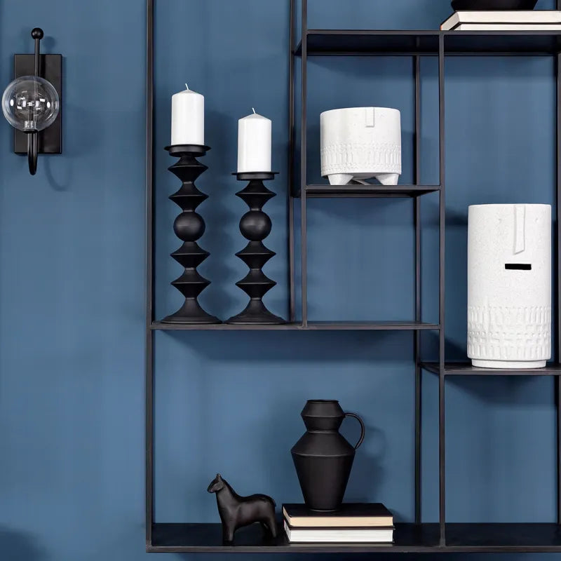 Candelero Large Black Metal Grooved Table Candle Holder