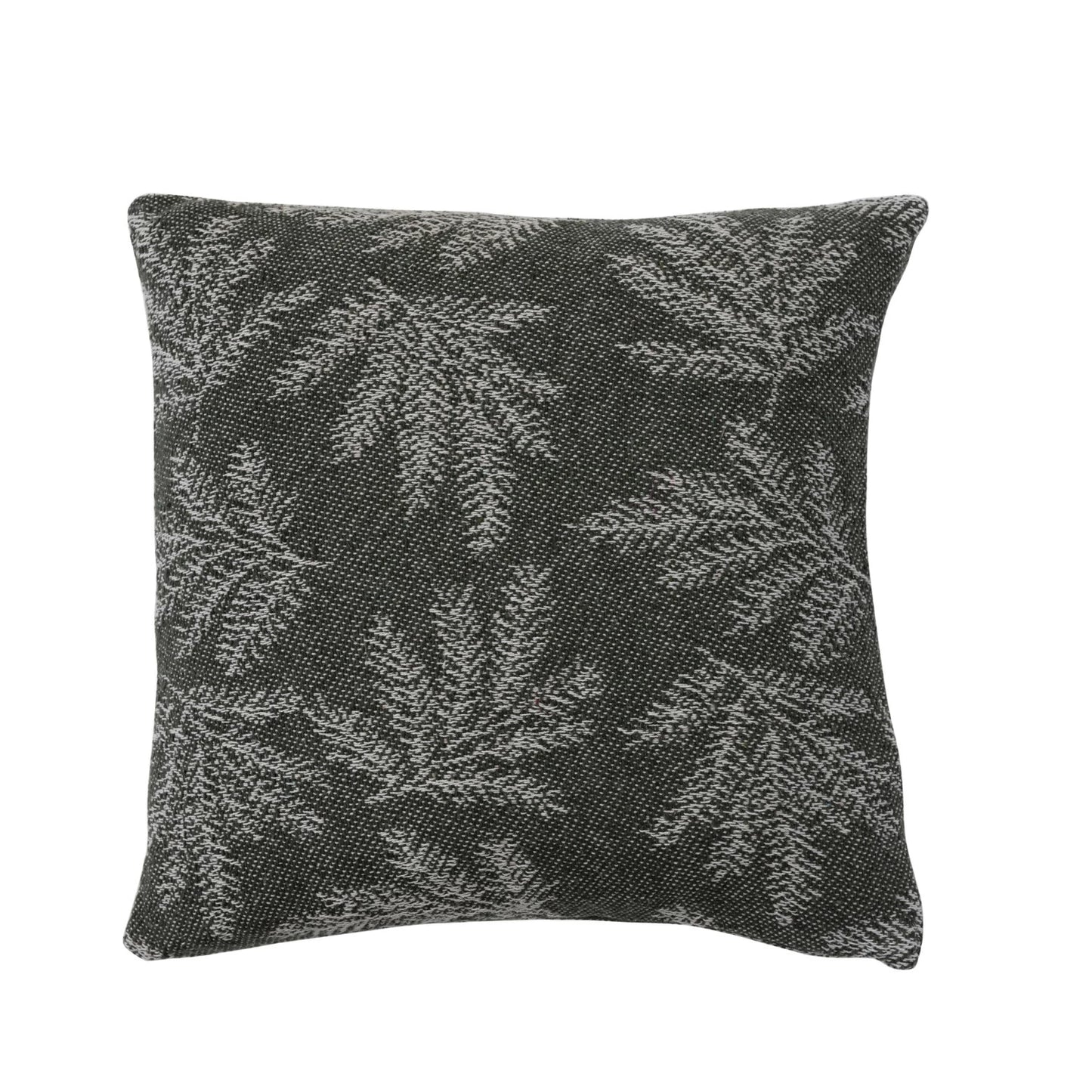 18" Square Woven Recycled Cotton Pillow w/ Pine Needles Pattern, Green & Cream Color