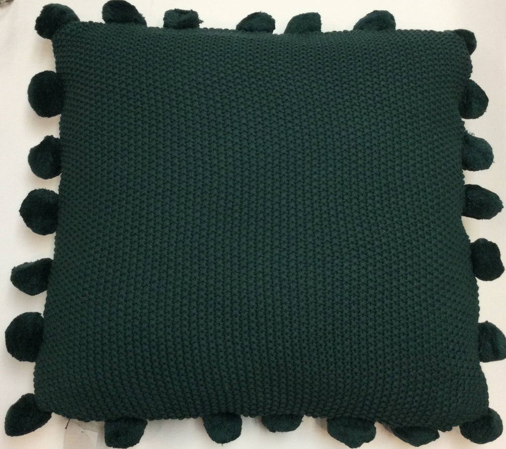 21 Inch Green Moss Stitch Knit Pillow w/Pompom Trim