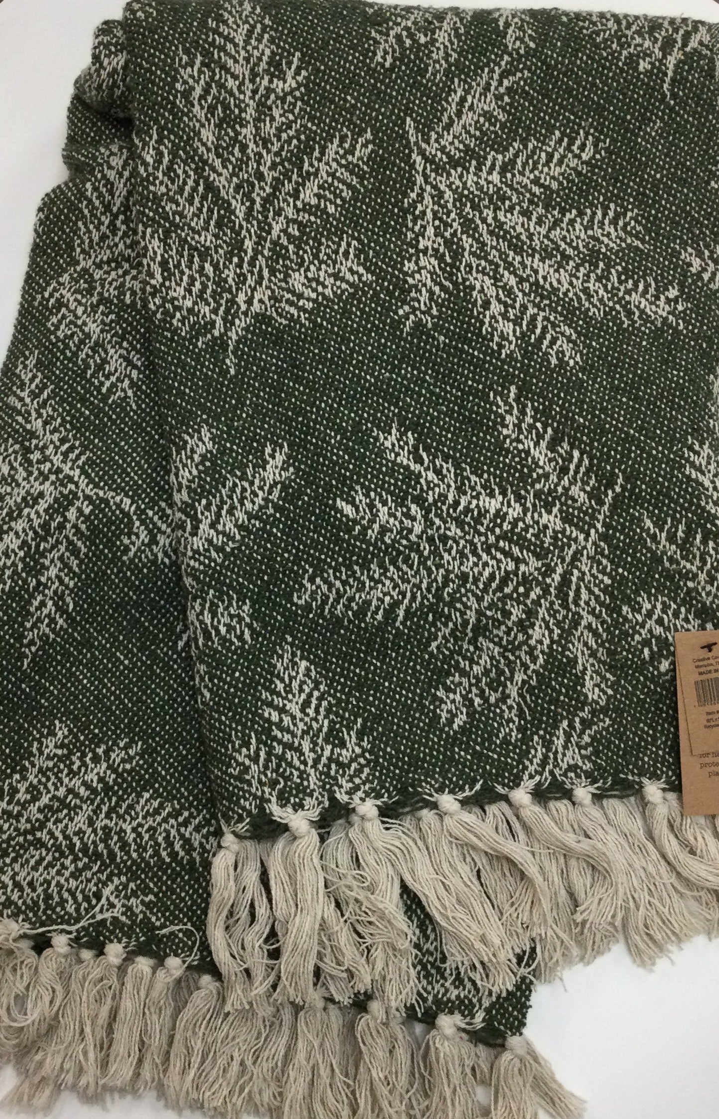 60" x 50" Recycled Cotton Blanket w/ Pine Needles Pattern, Green & Cream Color