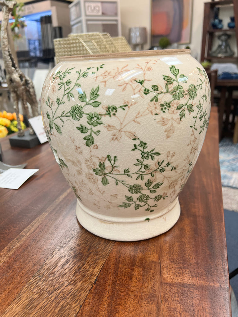 Cream & Green Floral Ceramic Container