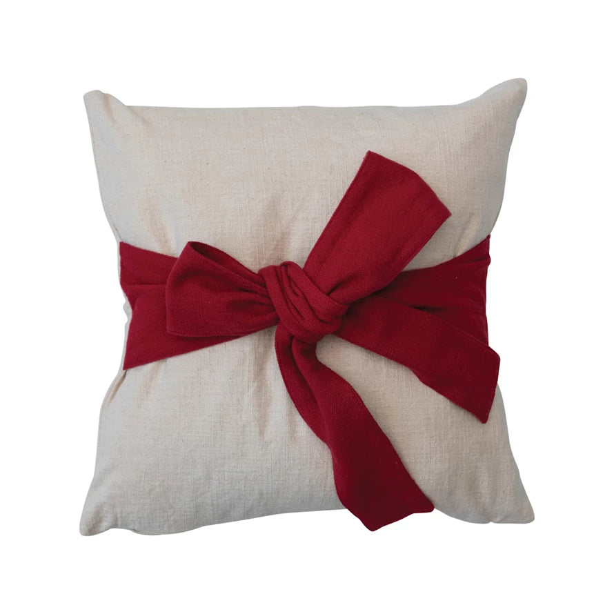 18" Square Hand-Woven Cotton Slub Pillow w/ Bow, Cream Color & Red