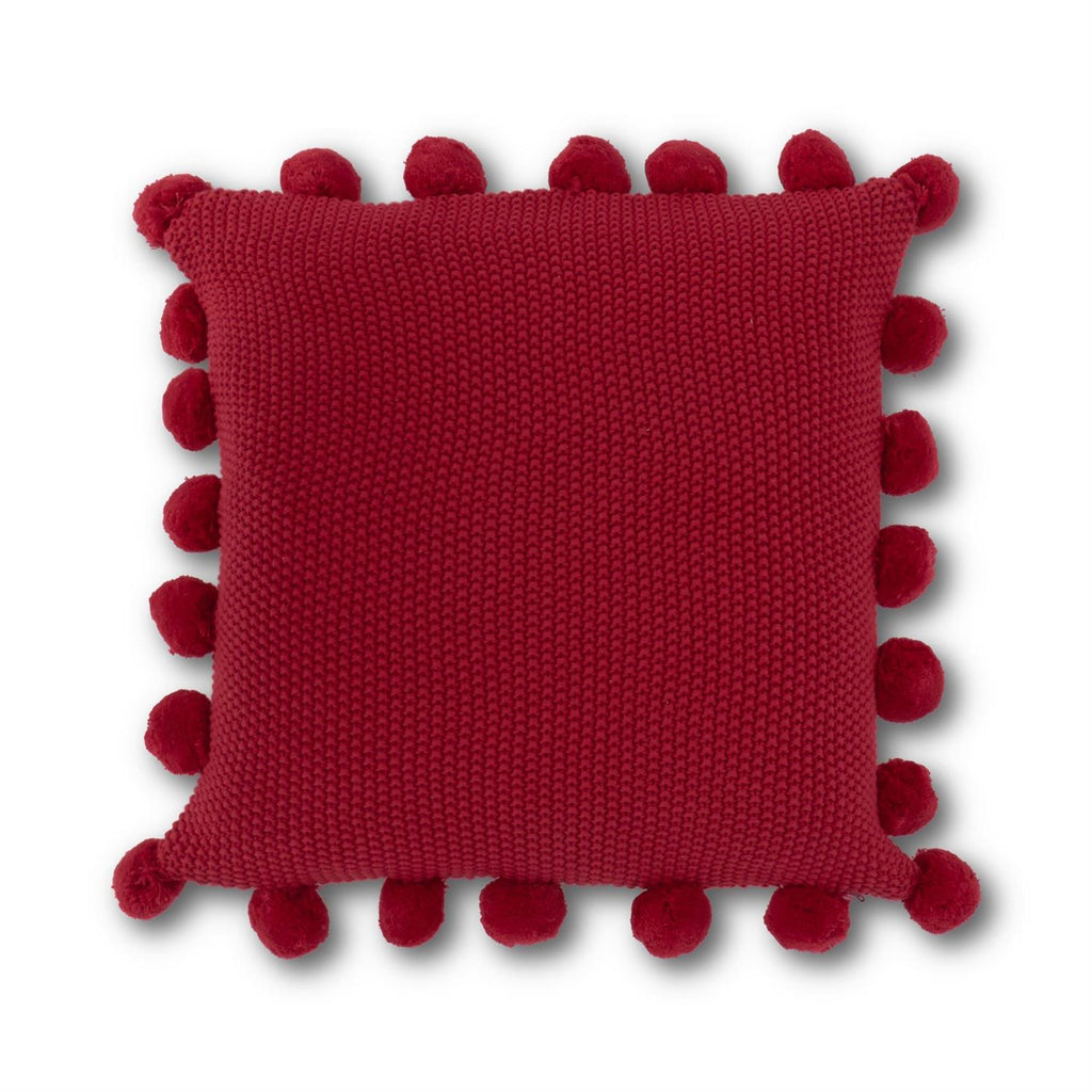 21 Inch Red Moss Stitch Knit Pillow w/Pompom Trim