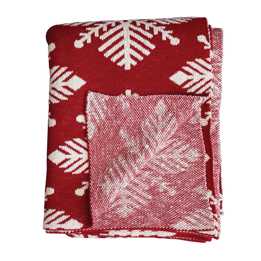 60"L x 50"W Two-Sided Cotton Knit Slub Throw w/ Snowflake Pattern, Red & White