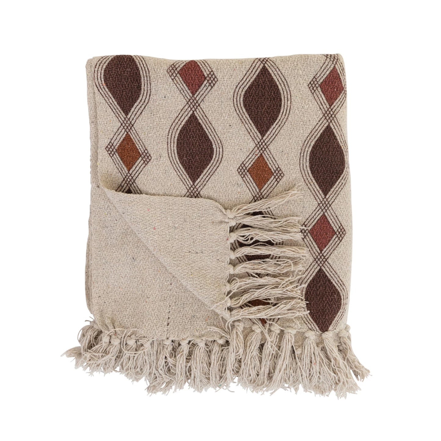 Recycled Cotton Blend Printed Throw w/ Pattern | Brown & Cream