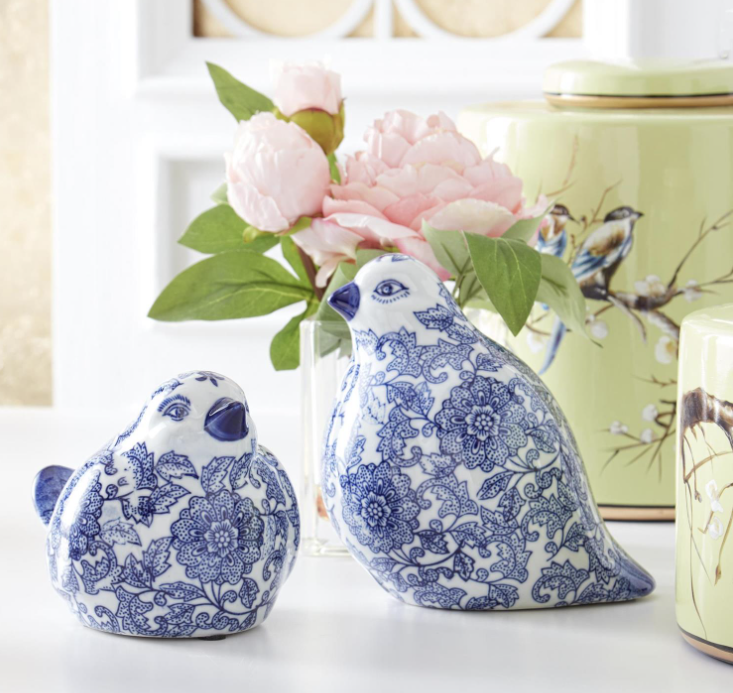 Set of 2 Blue and White Chinoiserie Porcelain Sitting Birds