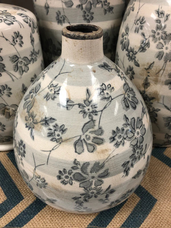 Ceramic Cream Crackle w/Gray Floral Vases- 4 Styles/Sizes