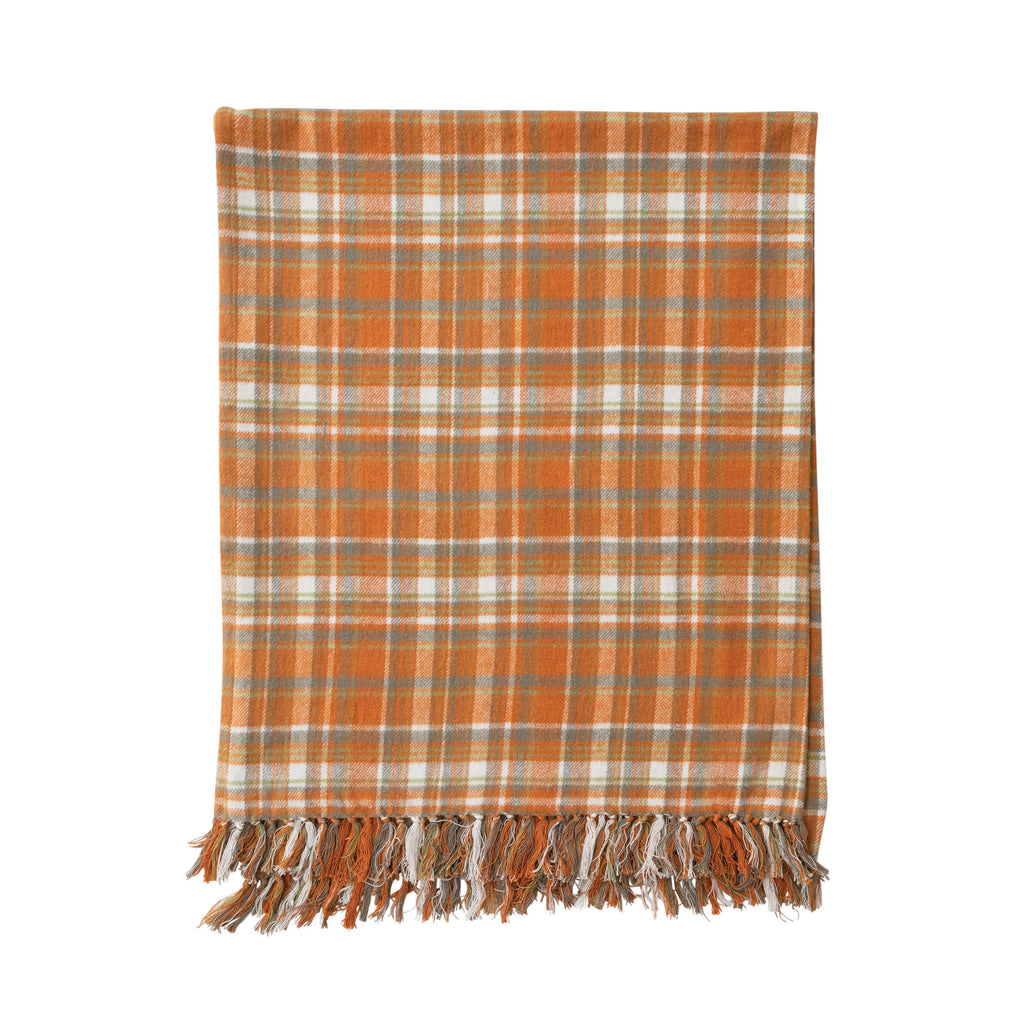 Cotton Flannel Plaid Throw w/ Fringe | Orange