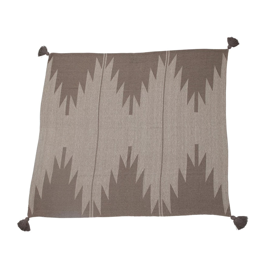 Woven Throw w/ Tassels | Aztec Pattern | Tan