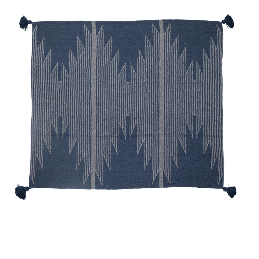 Woven Throw w/ Tassels | Aztec Pattern | Blue