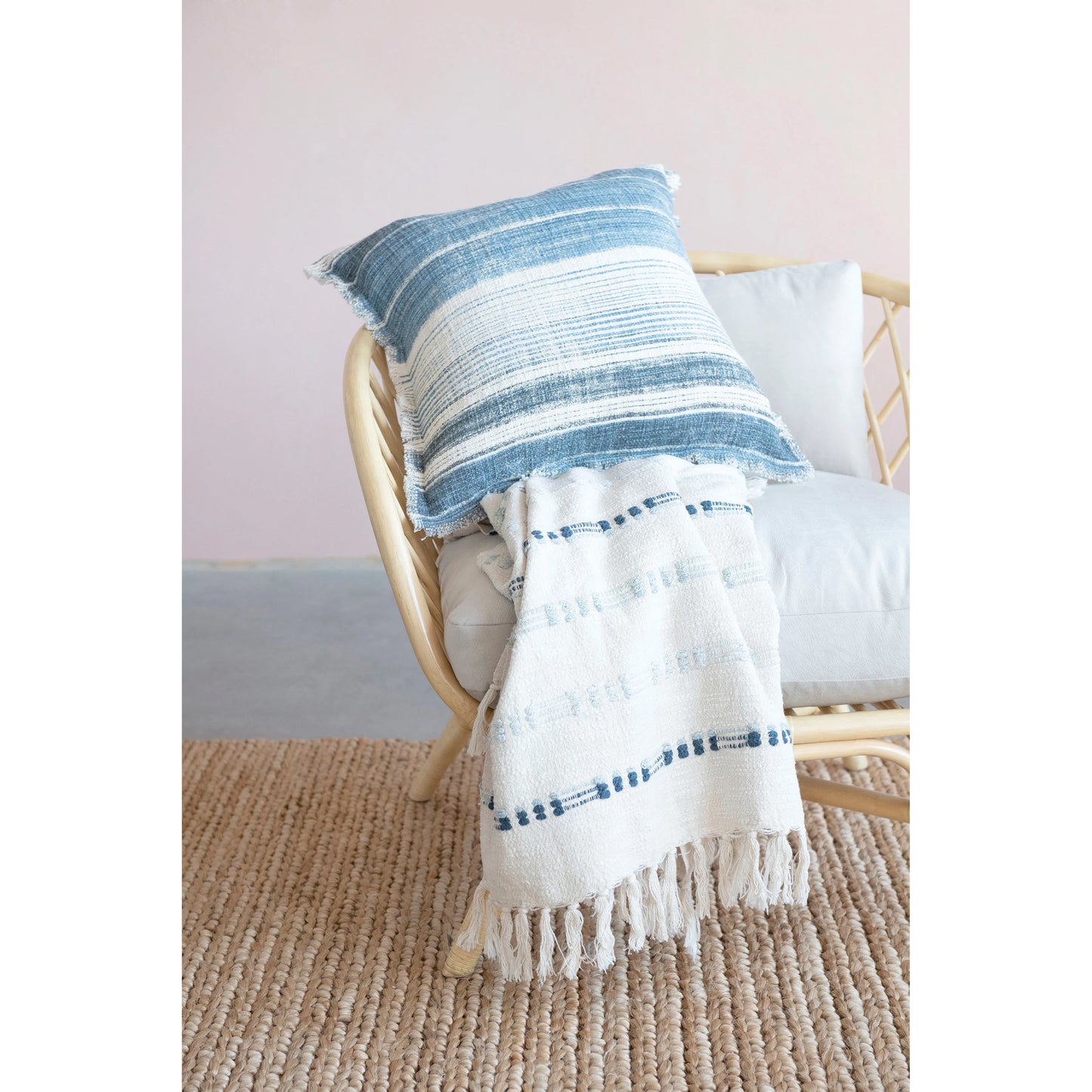 Woven Cotton Embroidered Throw w/ Fringe | Blues & Ivory