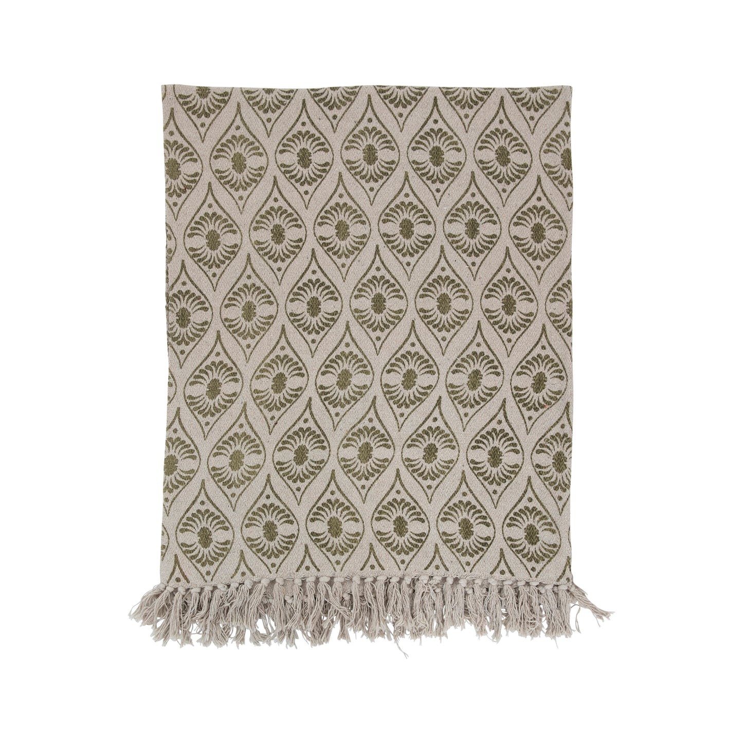 Recycled Cotton Blend Printed Throw w/ Fringe | Green Printed Pattern
