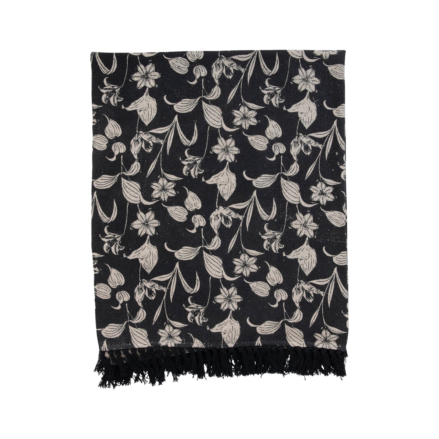 Recycled Cotton Printed Throw w/ Fringe | Black & Cream Floral Pattern