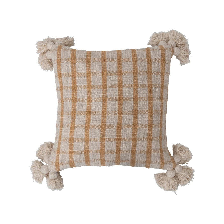 Woven Cotton Slub Plaid Pillow with Tassels | Yellow