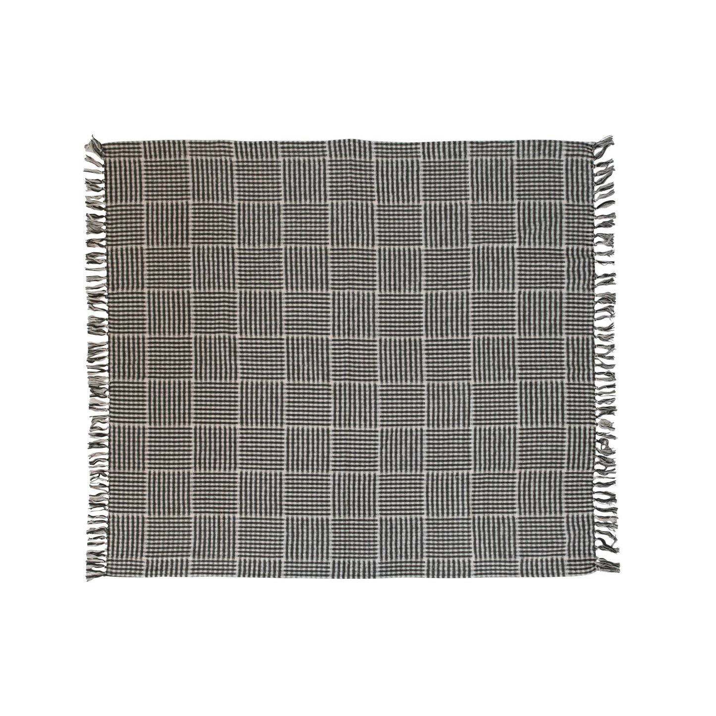 Cotton Blend Flannel Throw w/ Fringe | Gingham Pattern | Green & Cream
