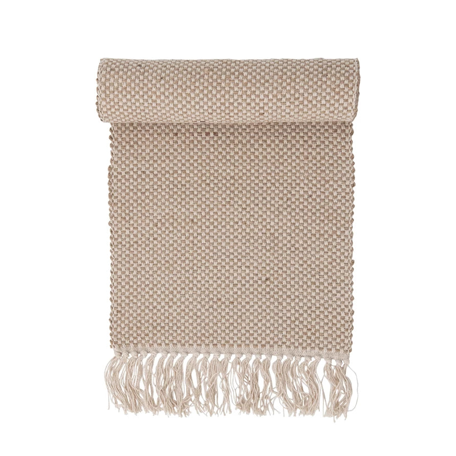 Woven Jute and Cotton Table Runner w/ Fringe | Natural & Cream