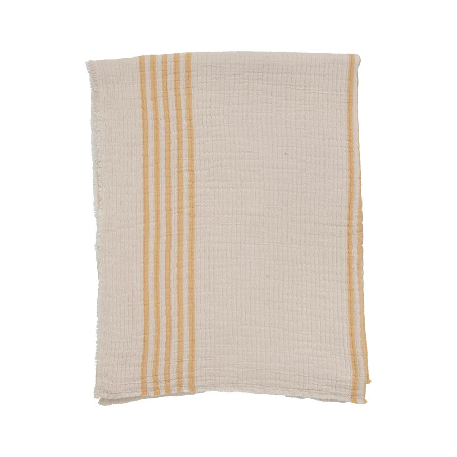 Cotton Double Cloth Stitched Throw w/ Stripes and Frayed Edges | Yellow