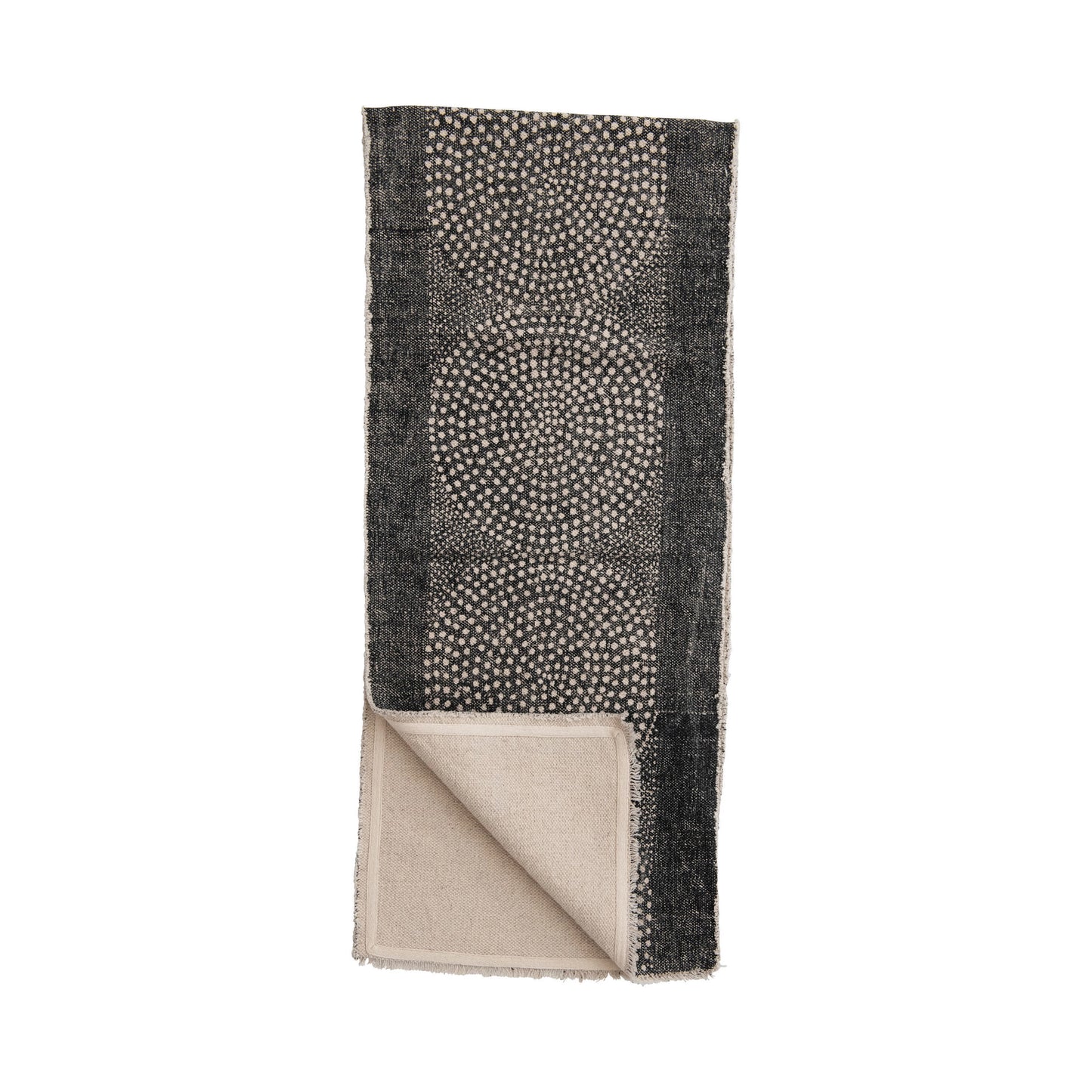 Stonewashed Cotton Canvas Table Runner w/ Frayed Edges | Dot Pattern | Black &White