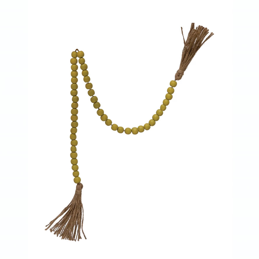 Wood Bead Garland with Jute Tassel | Solid Green