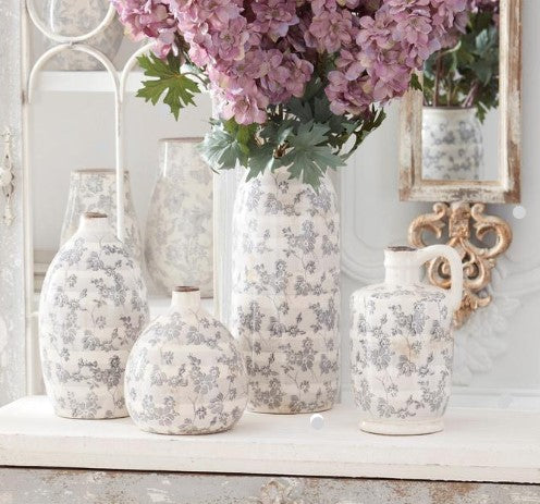 Ceramic Cream Crackle w/Gray Floral Vases- 4 Styles/Sizes