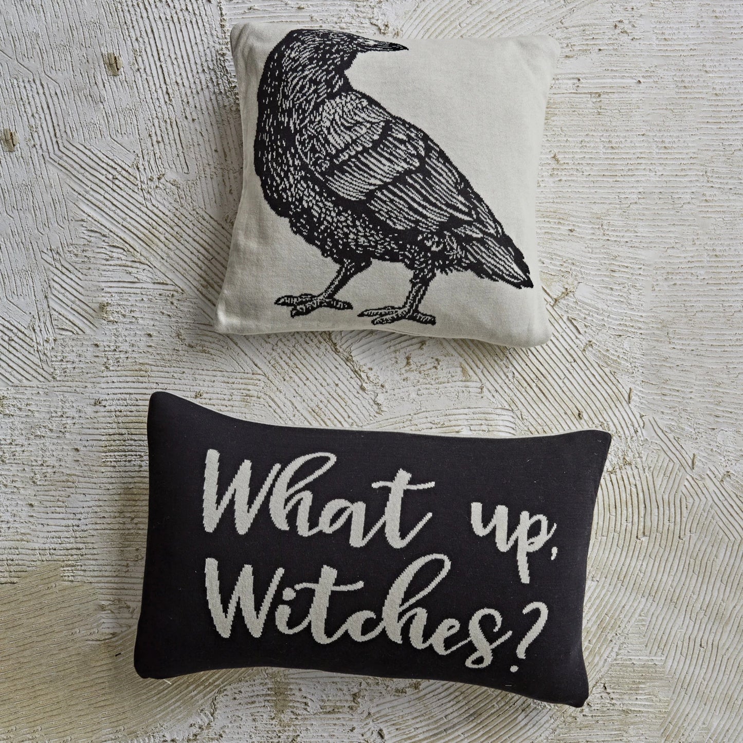 24" Two-Sided Cotton Knit Pillow | What Up, Witches? | Black & White