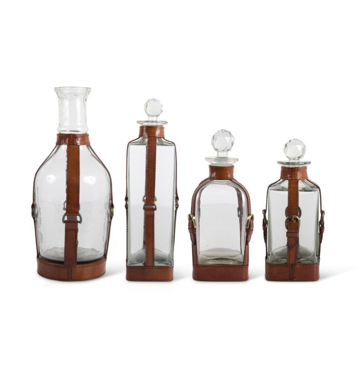 Glass Decanters w/Leather Straps and Metal Buckle Accent