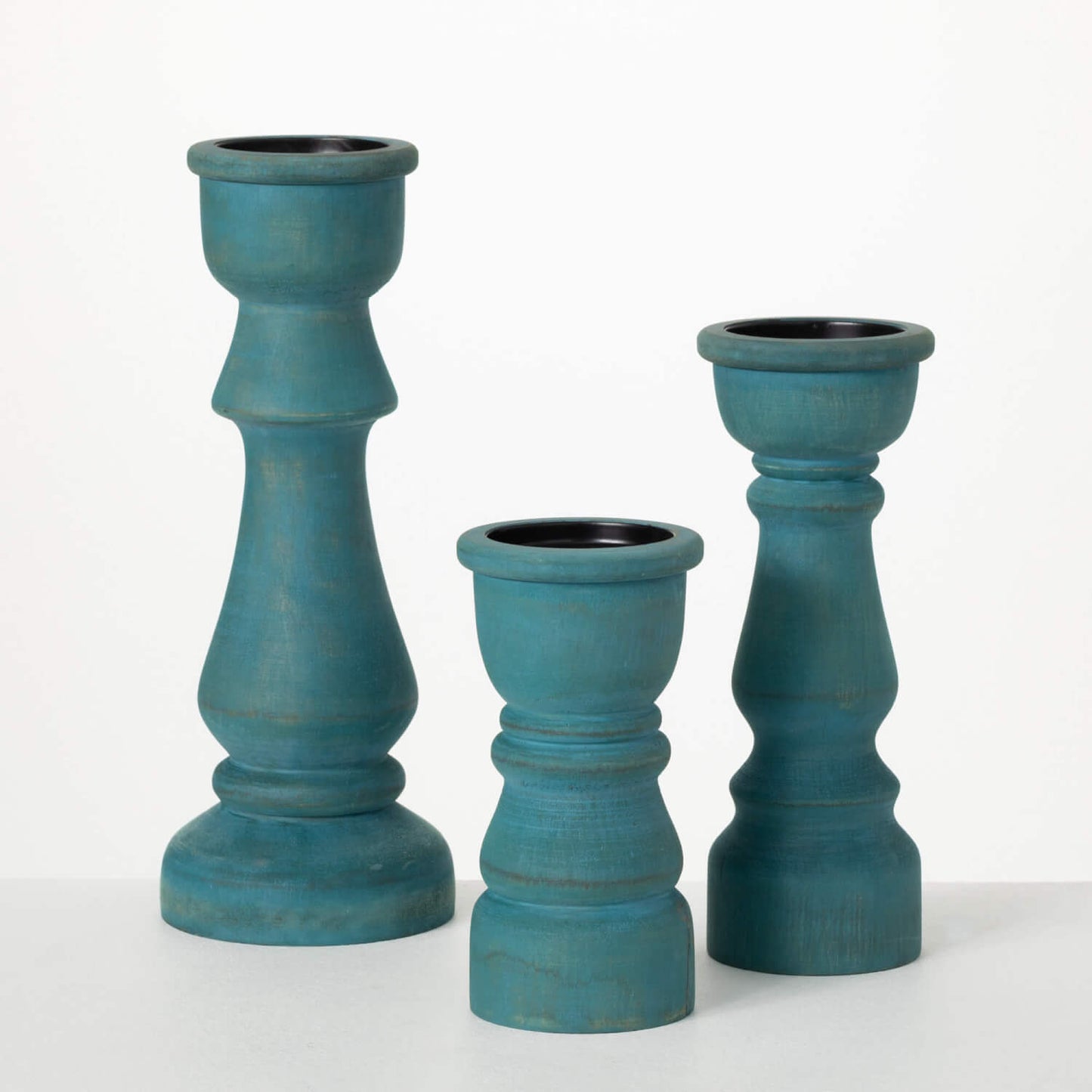 Wood Pillar Candle Holder | Set of 3 | Turquoise