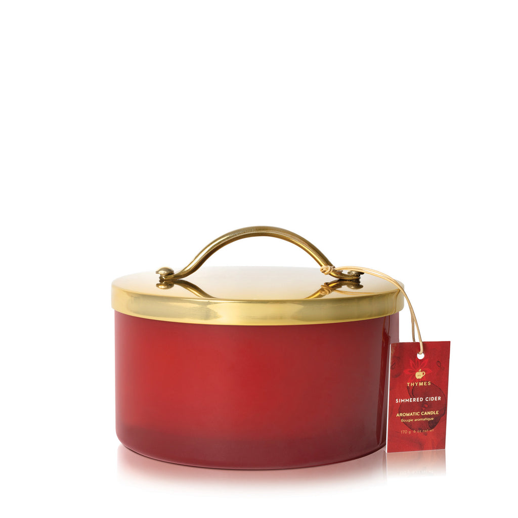 Thymes 4 Wick Red Glass with Gold Lid 21 oz | Simmered Cider