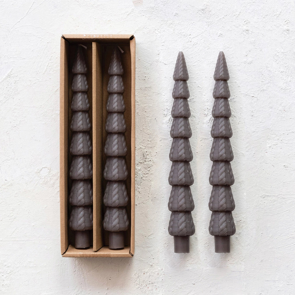 Unscented Tree Shaped Taper Candles in Box, Pewter Color, Set of 2