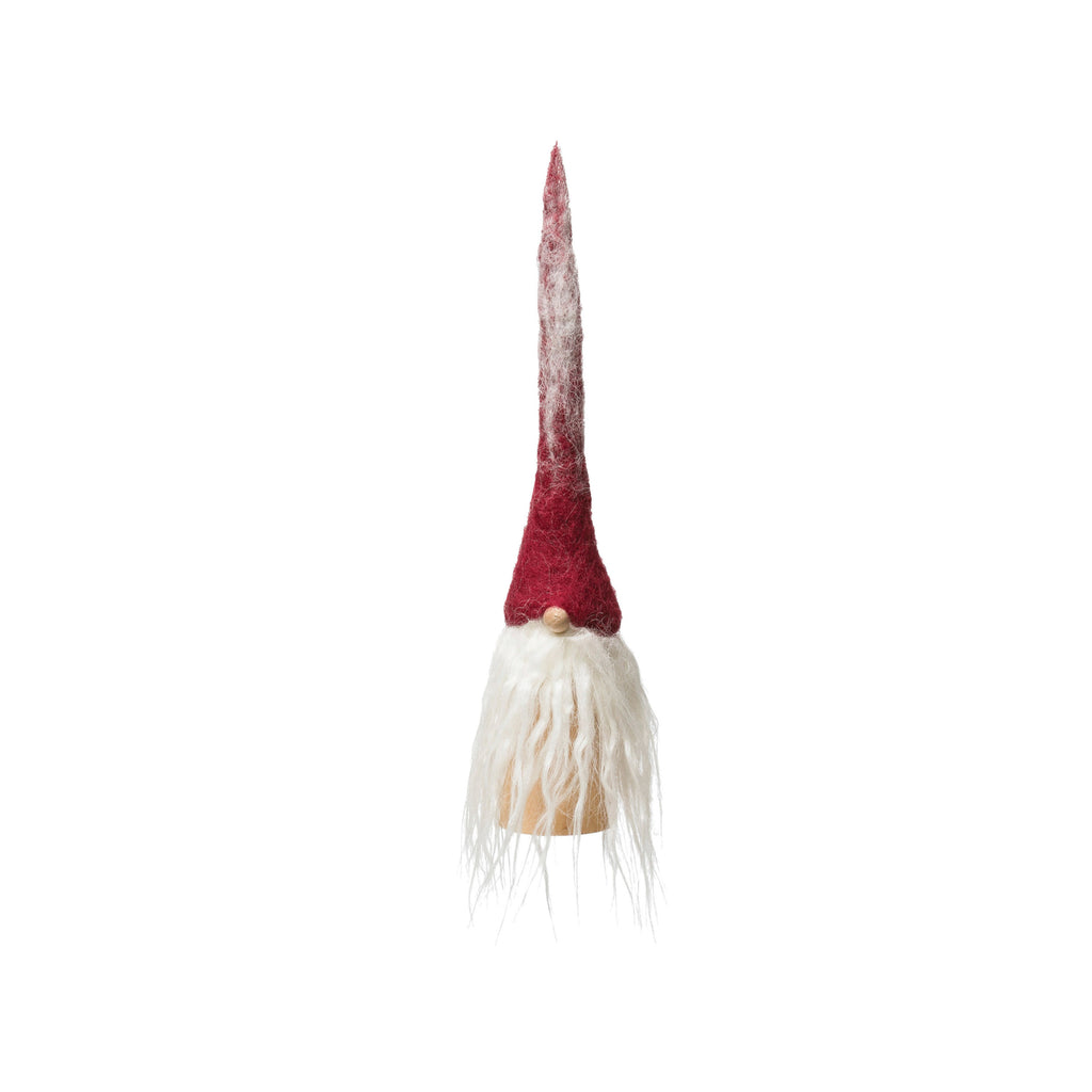 Wool Felt Gnome w/ Tall Hat on Wood Base | Red