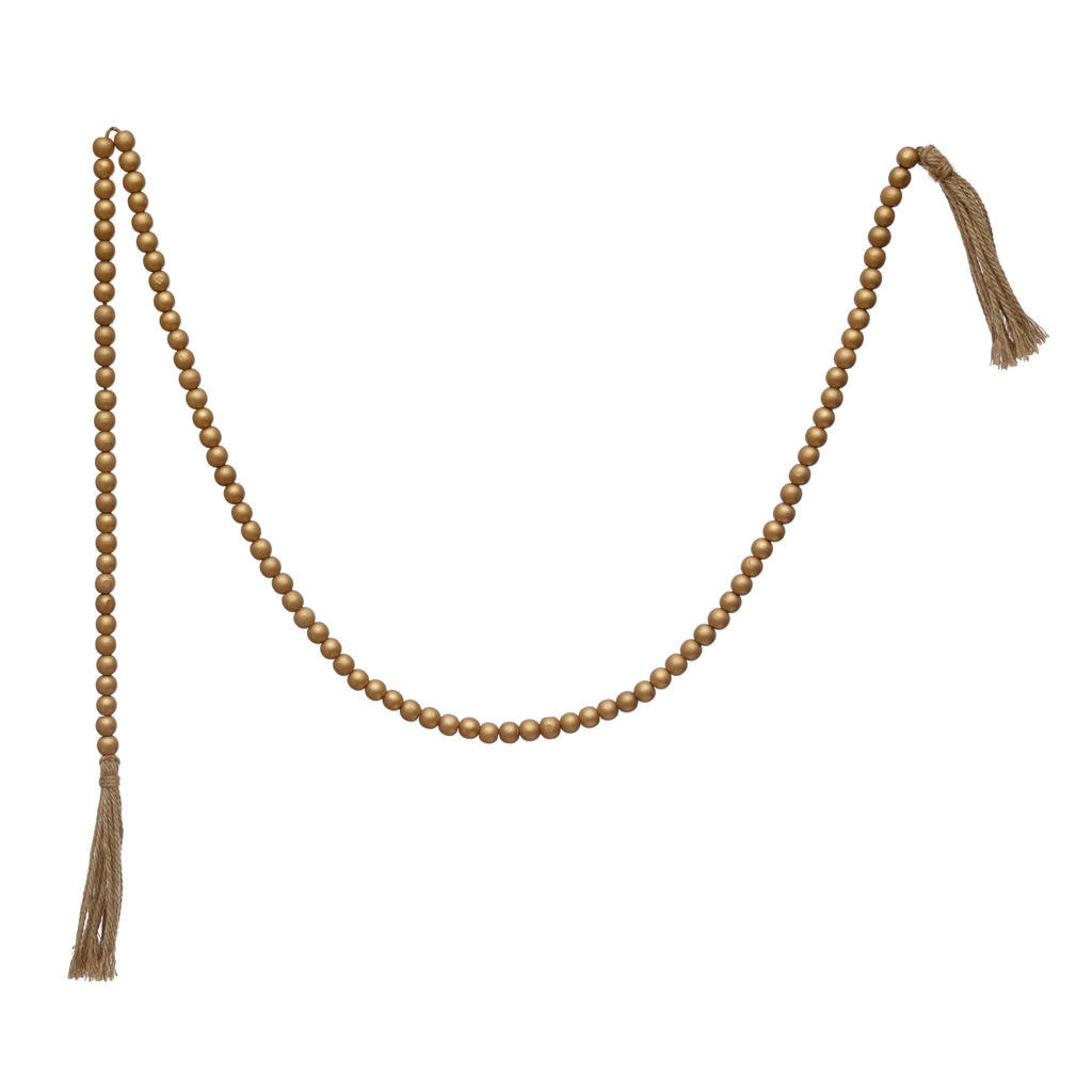 Paulownia Wood Bead Garland with Jute Tassel Gold