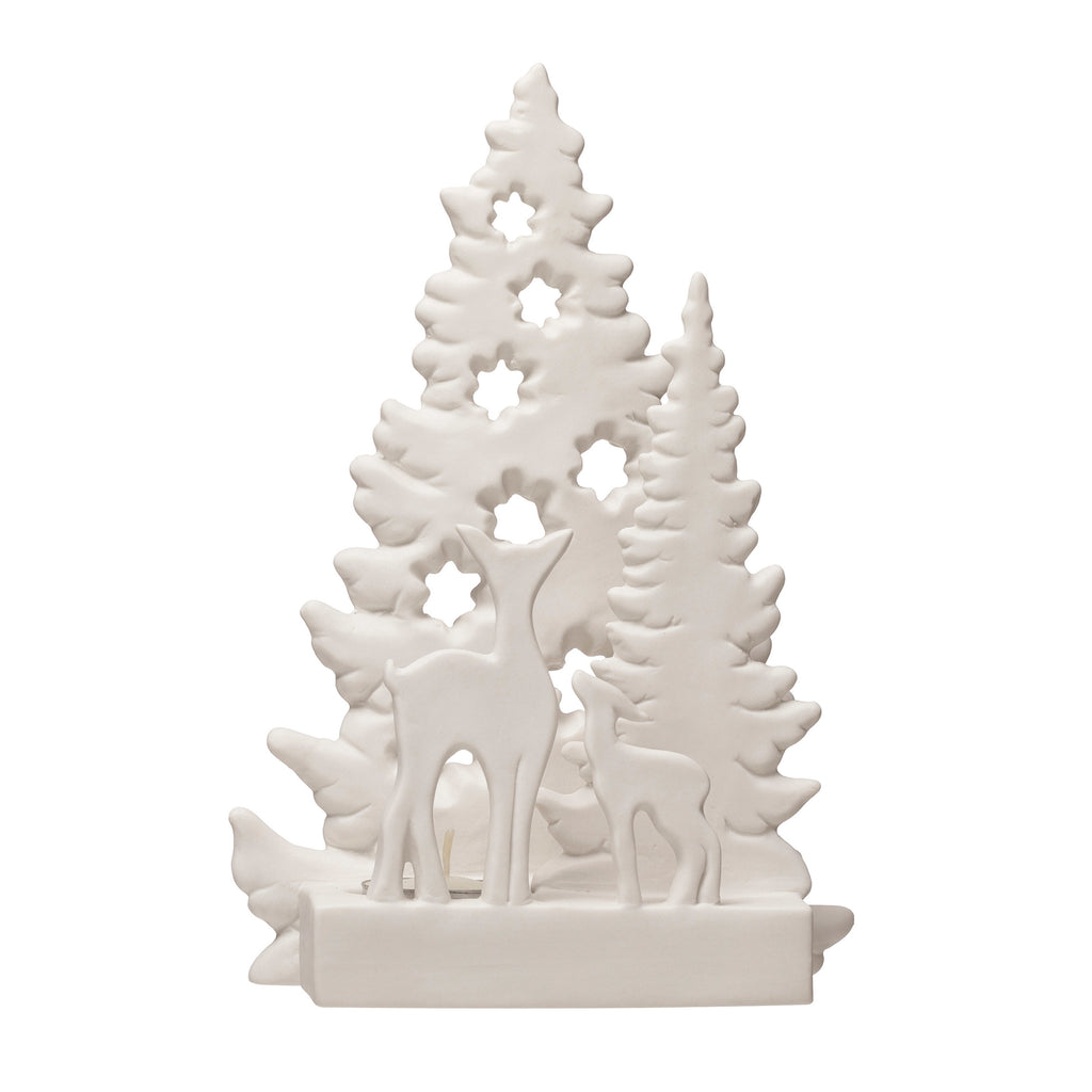 Stoneware Tealight Holder w/ Deer & Trees | White