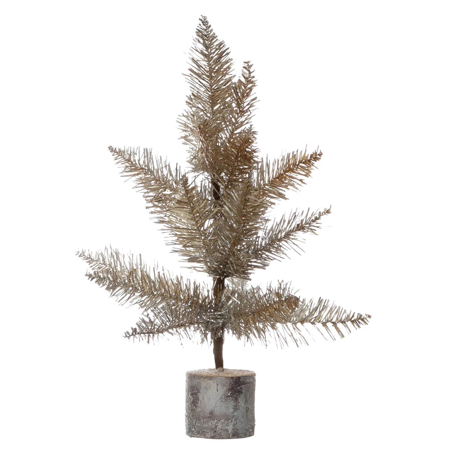 Tinsel Tree w/ Wood Slice Base | Gold & Silver Finish